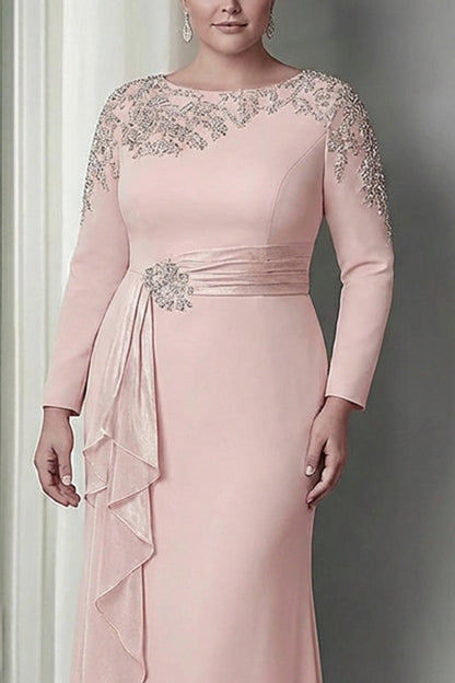 Plus Size Blush Sheath Lace Long Mother Of The Bride Dress with Sleeves