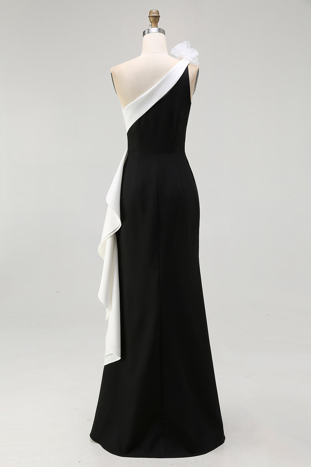 Plus Size Black and White One Shoulder Mermaid Long Black Tie Dress with 3D Flowers