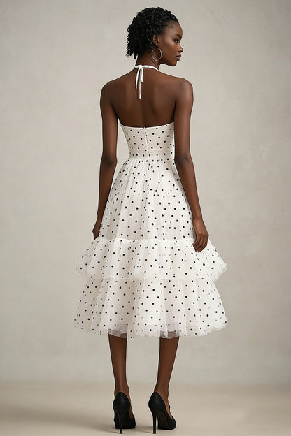 Tiered Black and White A Line Midi Tulle Polka Dot Dress with Ruffles