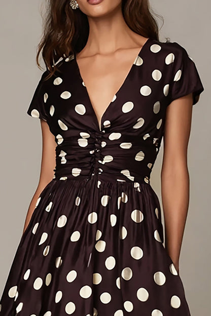 Dark Brown White V-Neck Satin A Line Short Sleeves Polka Dots Dress