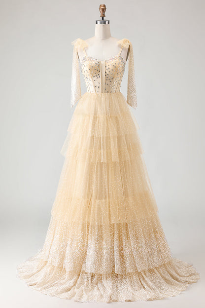 Sparkly Champagne Polka Dots Beaded A Line Long Corset Prom Dress with Ruffles