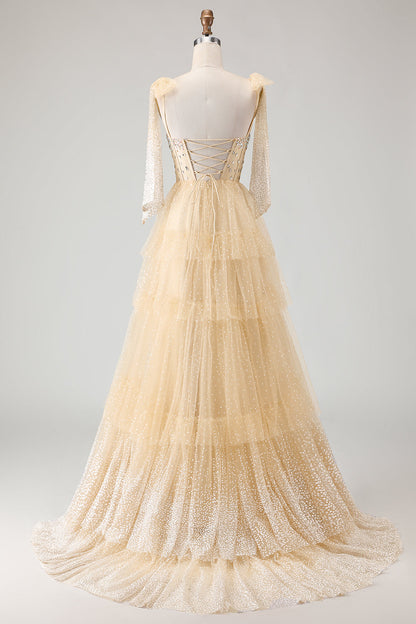 Sparkly Champagne Polka Dots Beaded A Line Long Corset Prom Dress with Ruffles