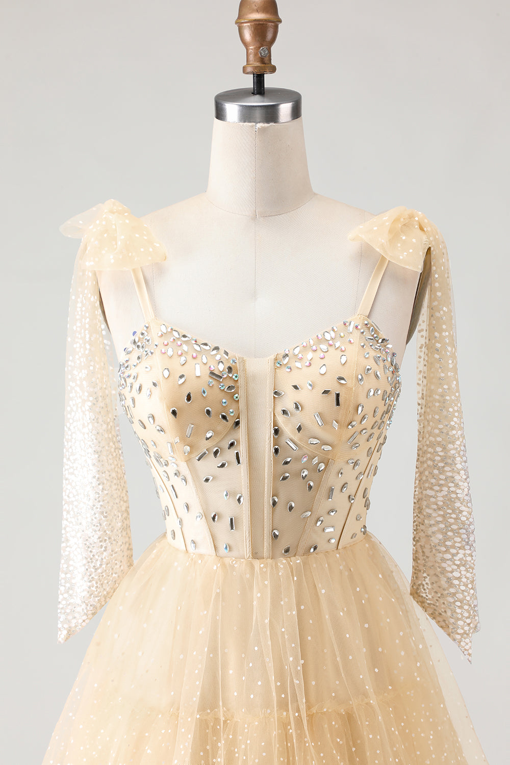 Sparkly Apricot Polka Dots Tiered Beaded Long Corset Prom Dress with Bows