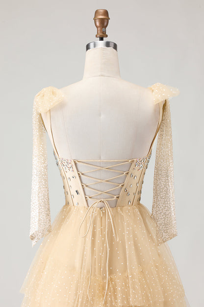 Sparkly Apricot Polka Dots Tiered Beaded Long Corset Prom Dress with Bows