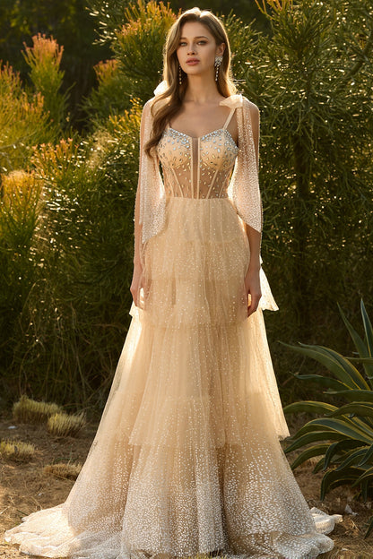 Sparkly Pink Tulle Polka Dots Tiered Long Corset Prom Dress with Beading