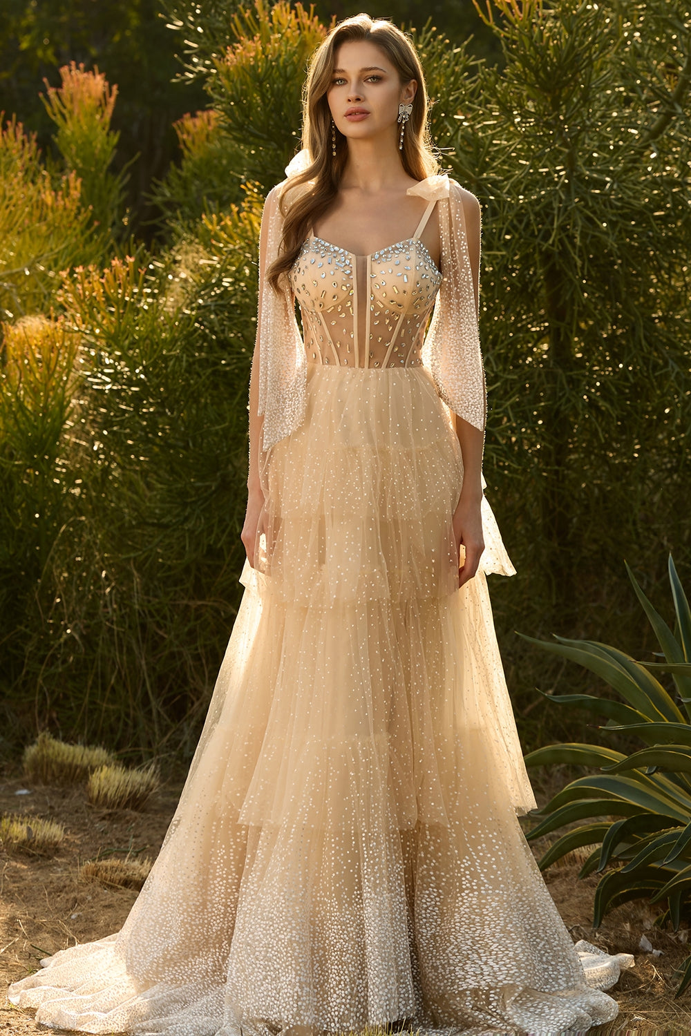 Sparkly Champagne Polka Dots Beaded A Line Long Corset Prom Dress with Ruffles