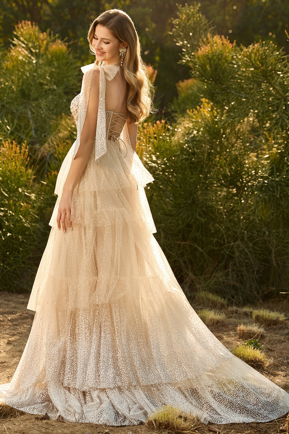 Sparkly Pink Tulle Polka Dots Tiered Long Corset Prom Dress with Beading