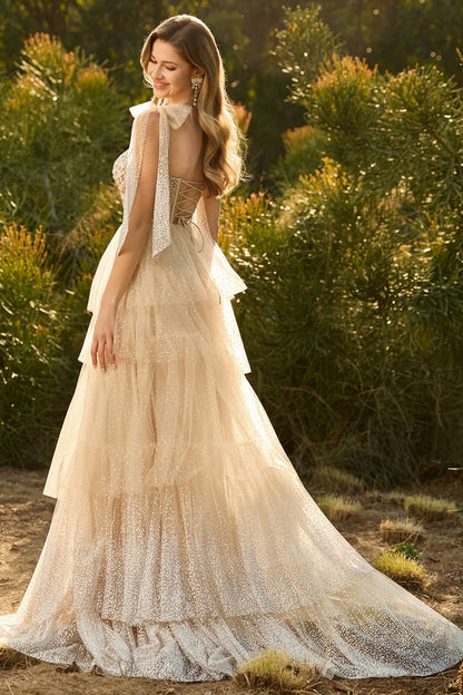 Sparkly Pink Tiered Polka Dots Beaded Long Corset Prom Dress with Ruffles
