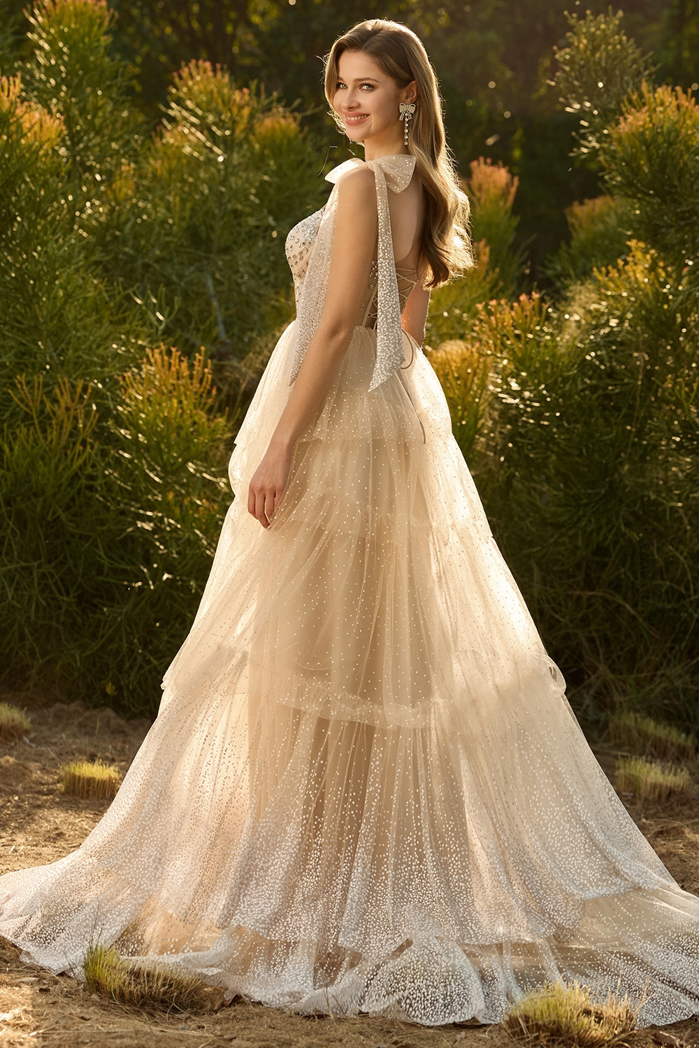 Sparkly Champagne Polka Dots Beaded A Line Long Corset Prom Dress with Ruffles