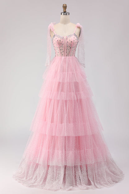 Sparkly Apricot Polka Dots Tiered Beaded Long Corset Prom Dress with Bows