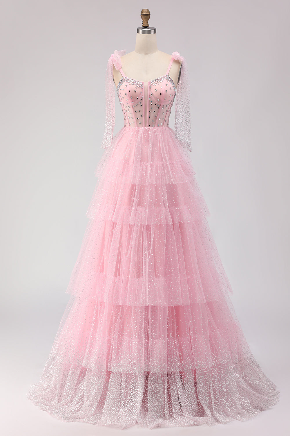 Sparkly Champagne Polka Dots Beaded A Line Long Corset Prom Dress with Ruffles