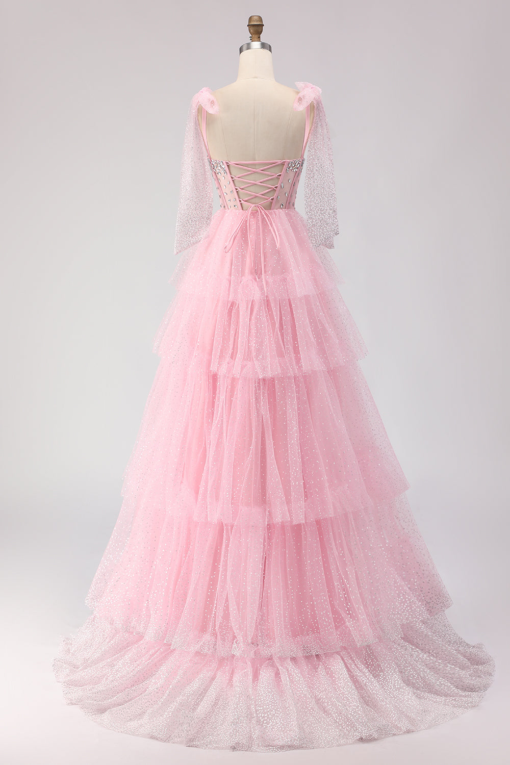 Sparkly Champagne Polka Dots Beaded A Line Long Corset Prom Dress with Ruffles