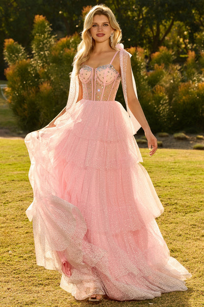 Sparkly Champagne Polka Dots Beaded A Line Long Corset Prom Dress with Ruffles