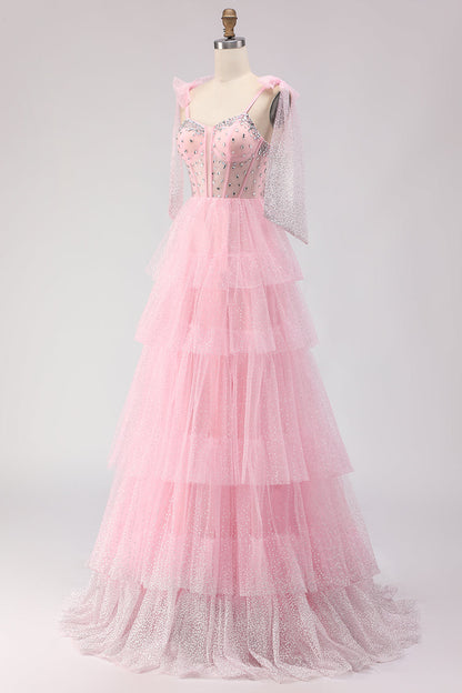 Sparkly Pink Tulle Polka Dots Tiered Long Corset Prom Dress with Beading