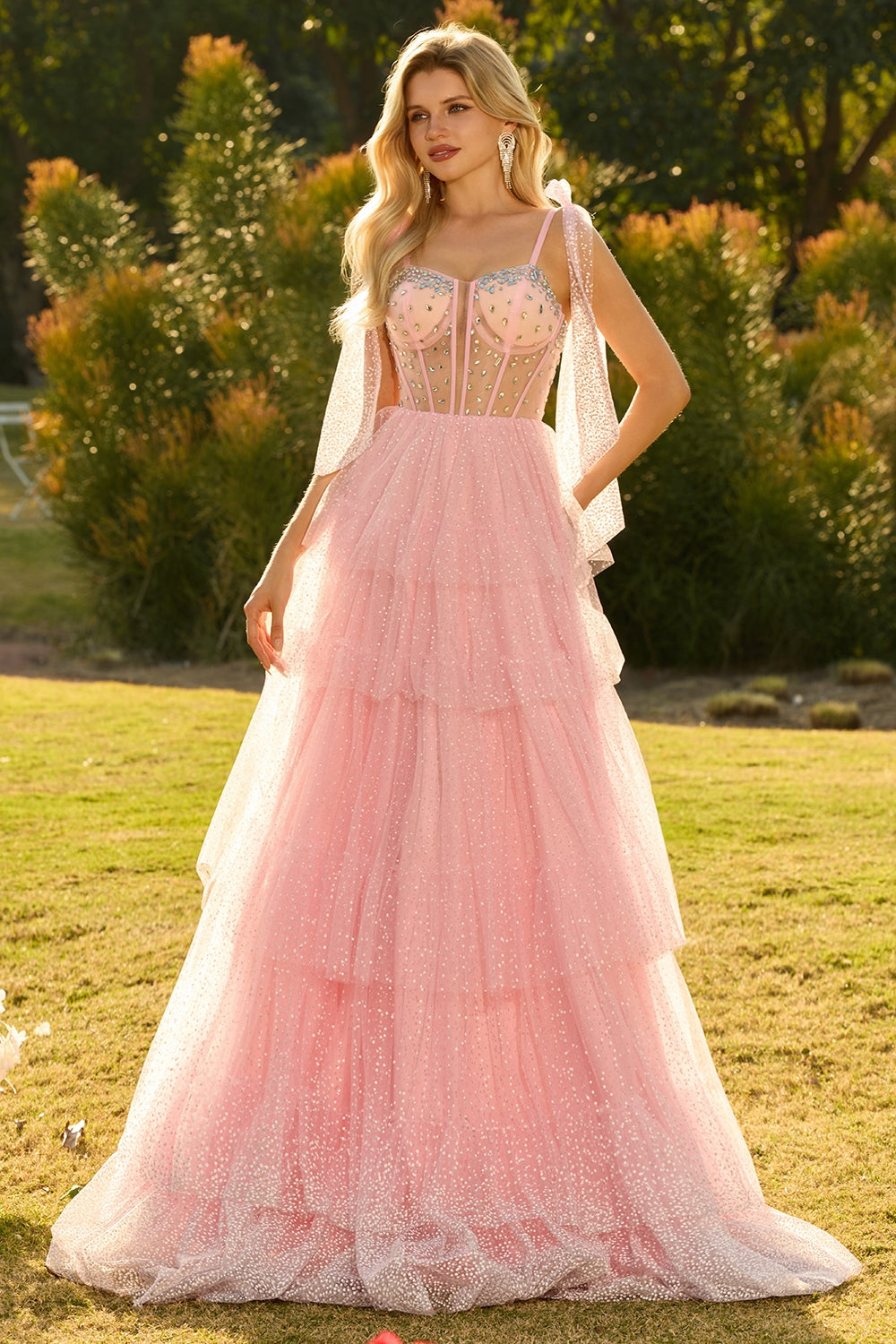 Sparkly Champagne Polka Dots Beaded A Line Long Corset Prom Dress with Ruffles