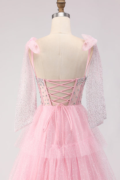 Sparkly Apricot Polka Dots Tiered Beaded Long Corset Prom Dress with Bows