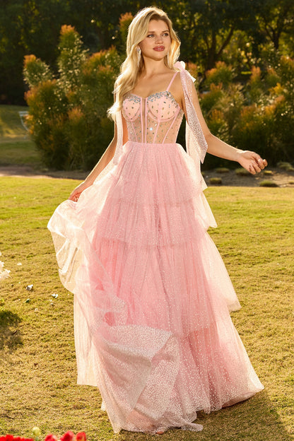 Sparkly Pink Tiered Polka Dots Beaded Long Corset Prom Dress with Ruffles