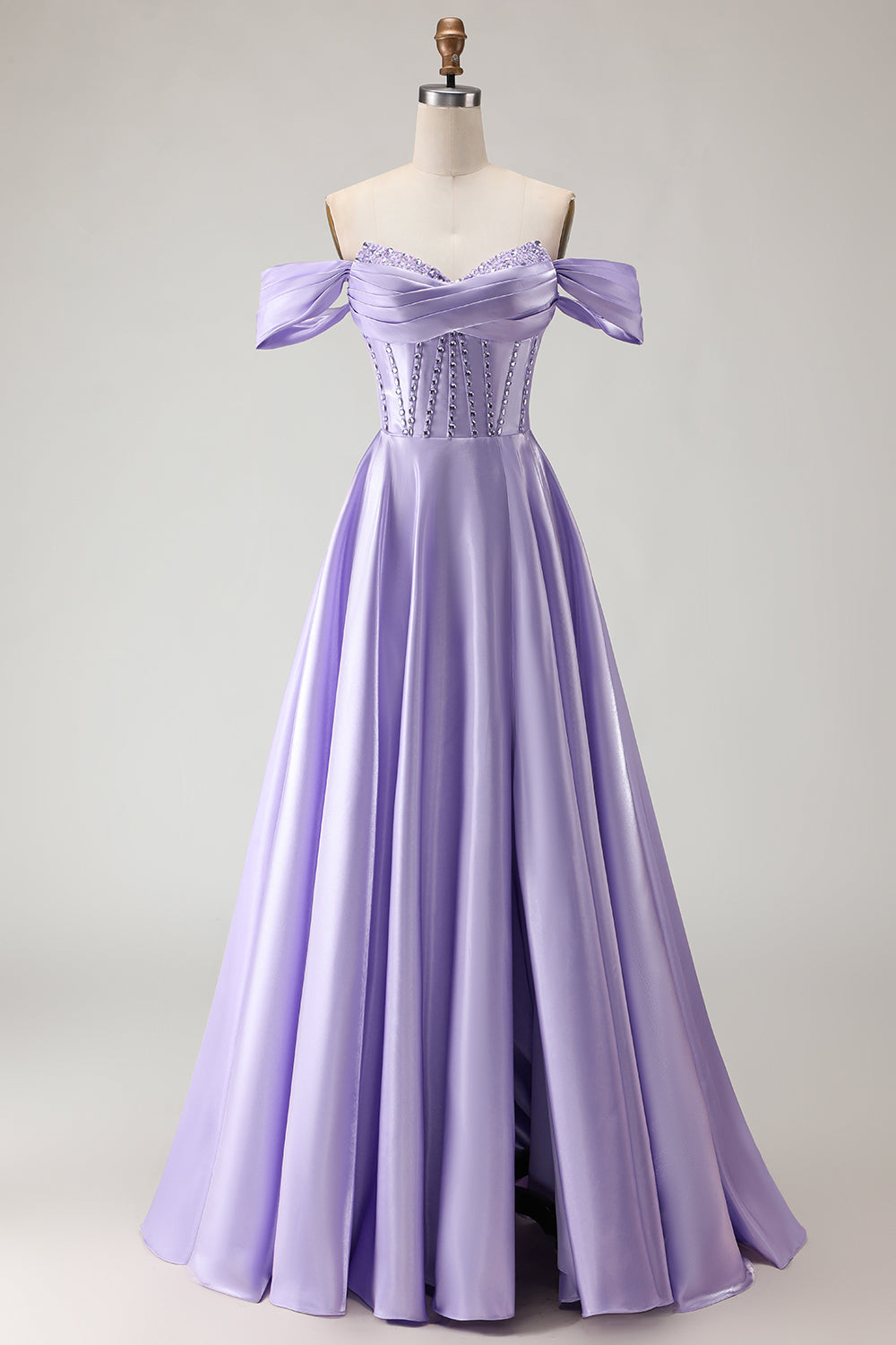 Sparkly Plus Size Purple Satin A Line Long Corset Prom Dress with Slit