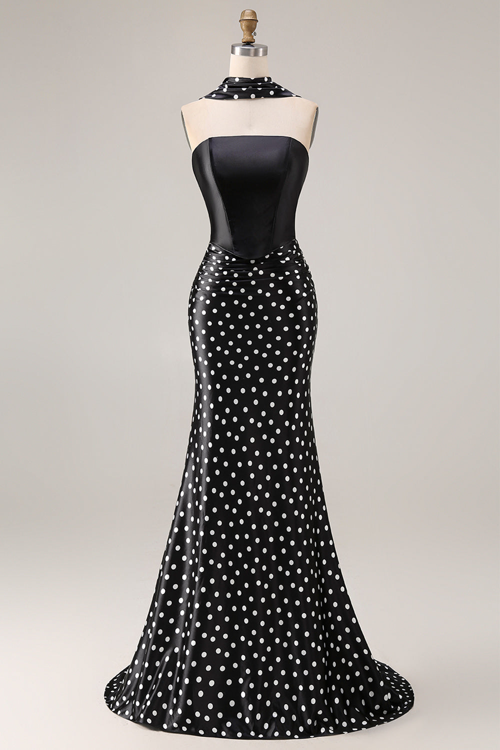Black and White Satin Mermaid Polka Dots Neck Scarf Long Prom Dress