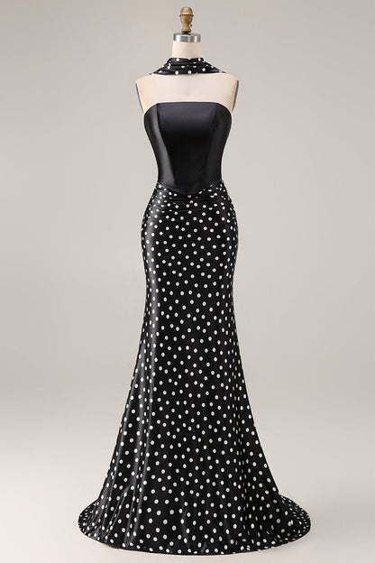 Black and White Neck Scarf Polka Dots Long Mermaid Prom Dress