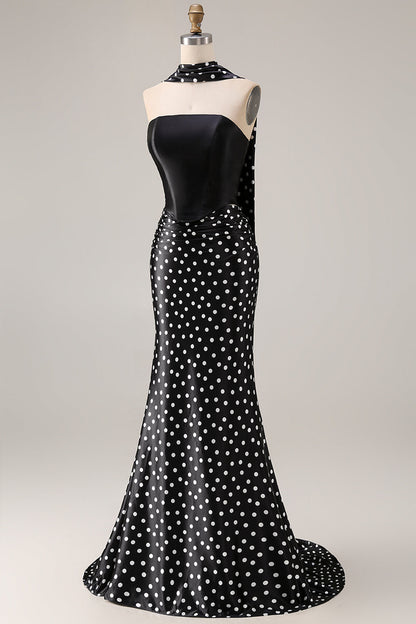 Black and White Neck Scarf Polka Dots Long Mermaid Prom Dress