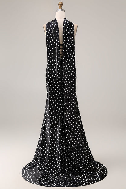 Black and White Polka Dots Mermaid Neck Scarf Satin Long Prom Dress