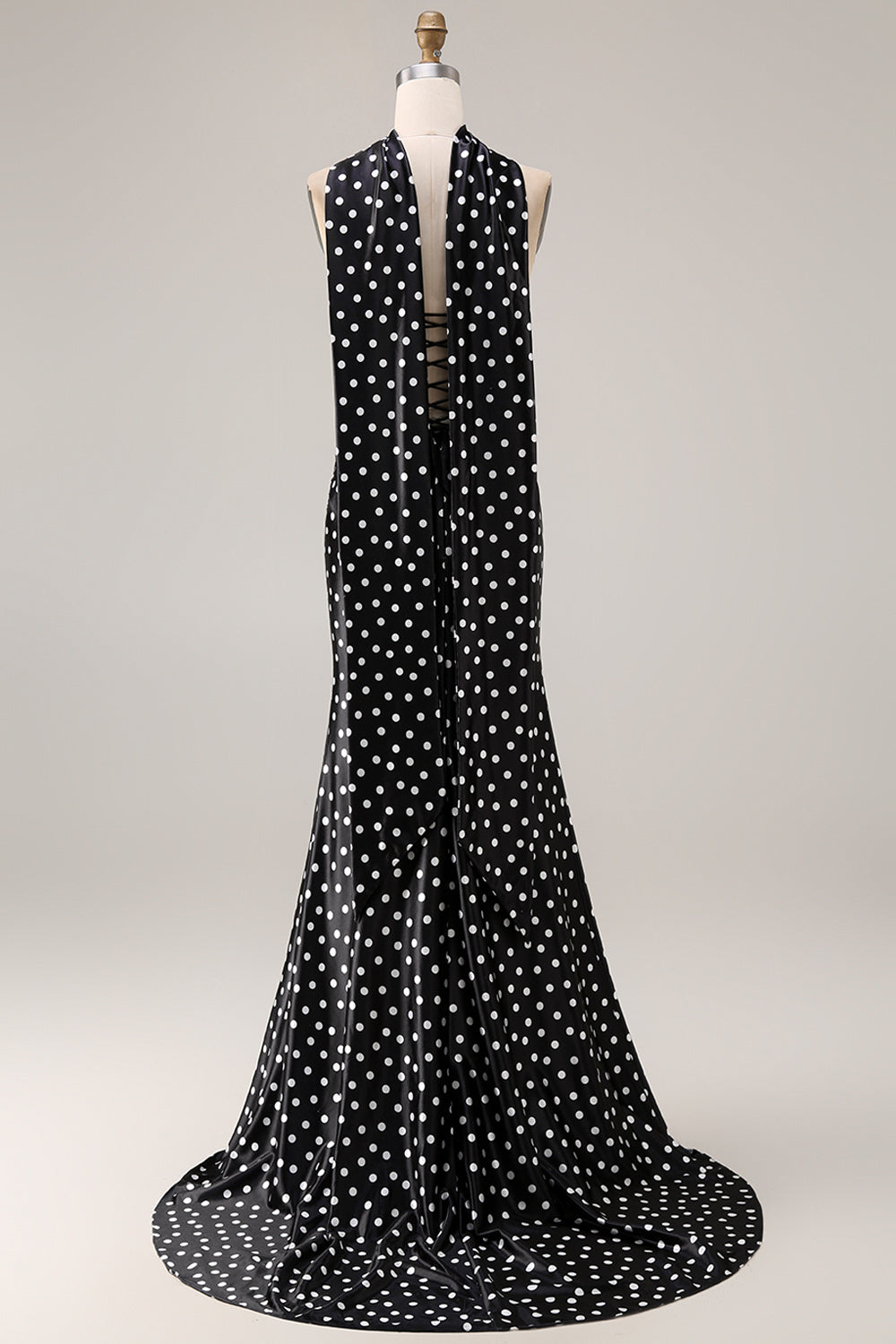 Black and White Polka Dots Neck Scarf Mermaid Long Prom Dress