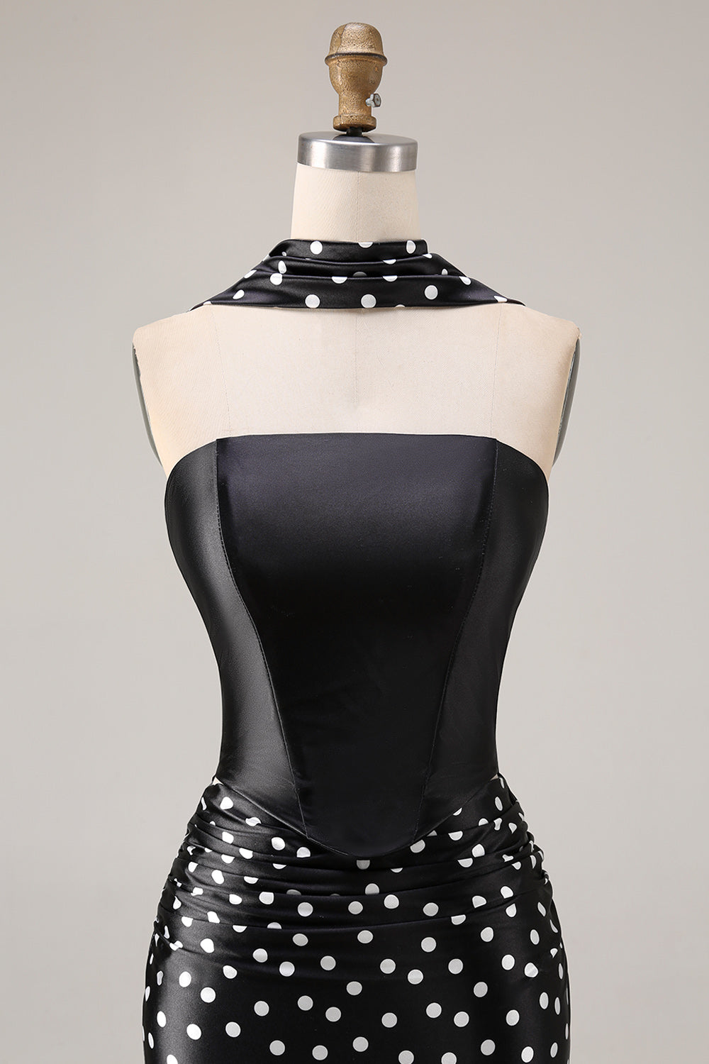 Black and White Satin Mermaid Polka Dots Neck Scarf Long Prom Dress