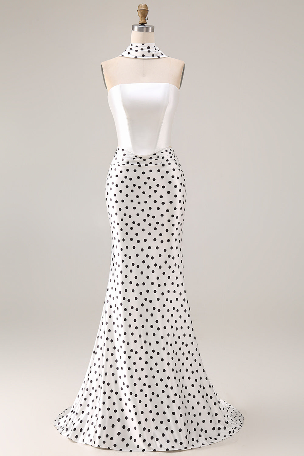 Black and White Polka Dots Neck Scarf Mermaid Long Prom Dress