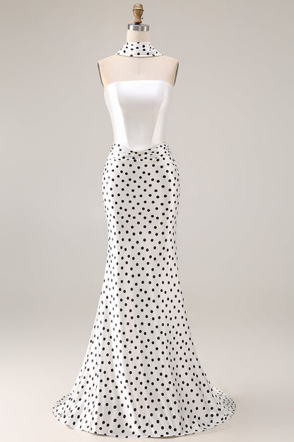 Black and White Neck Scarf Polka Dots Long Mermaid Prom Dress
