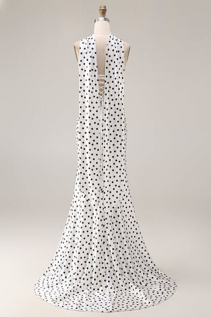 Black and White Satin Mermaid Polka Dots Neck Scarf Long Prom Dress