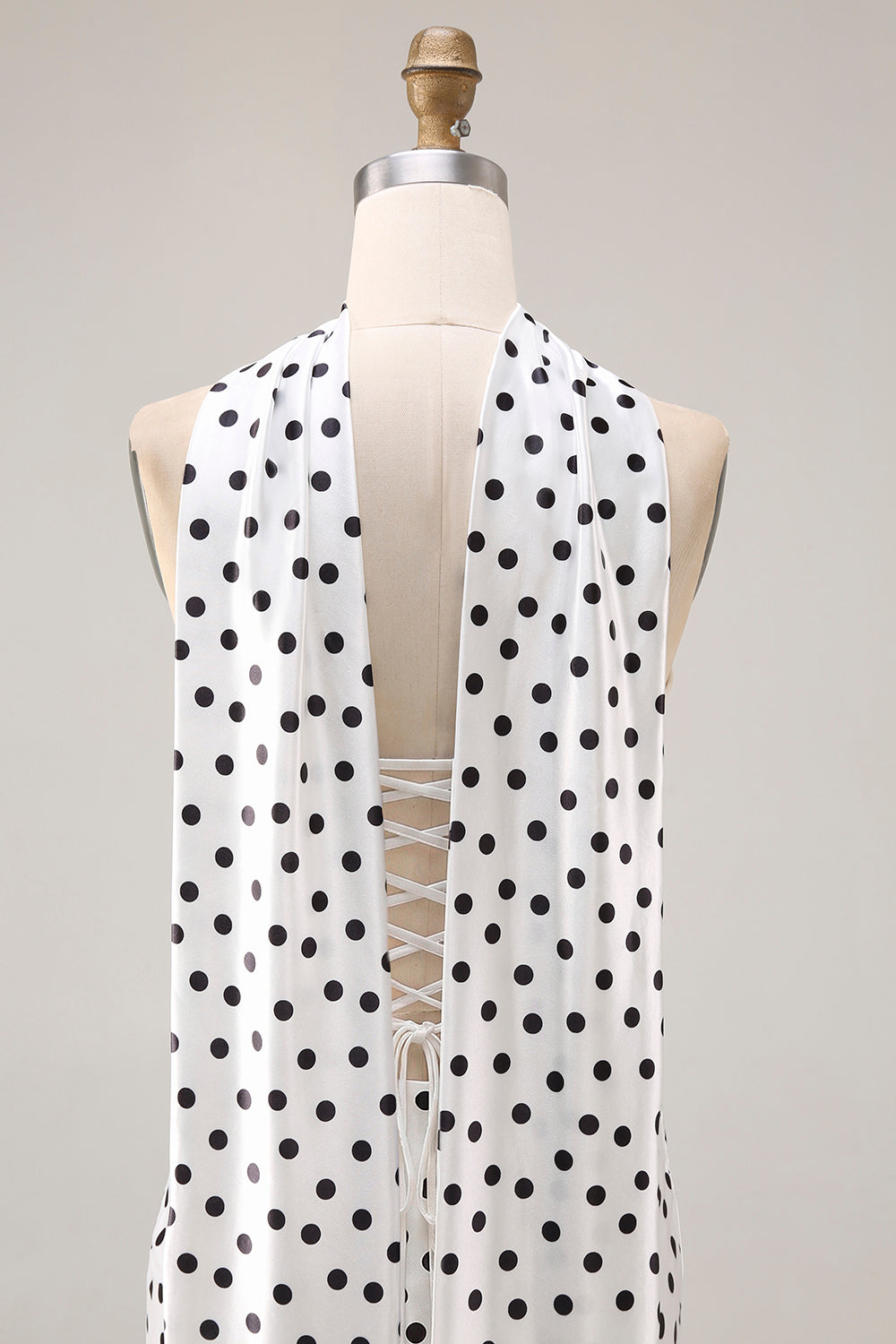 Black and White Neck Scarf Polka Dots Long Mermaid Prom Dress