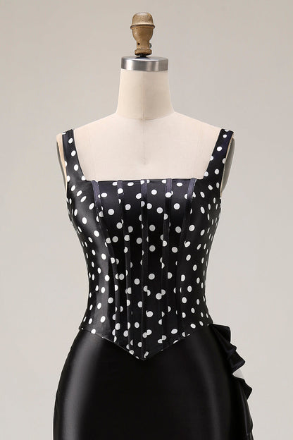 Black and White Polka Dots Mermaid Ruffled Asymmetrical Corset Prom Dress