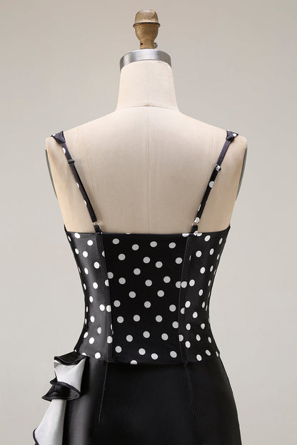 Black and White Polka Dots Mermaid Ruffled Asymmetrical Corset Prom Dress