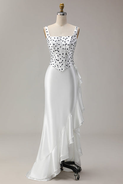 Black and White Polka Dots Corset Mermaid Asymmetrical Prom Dress with Ruffles