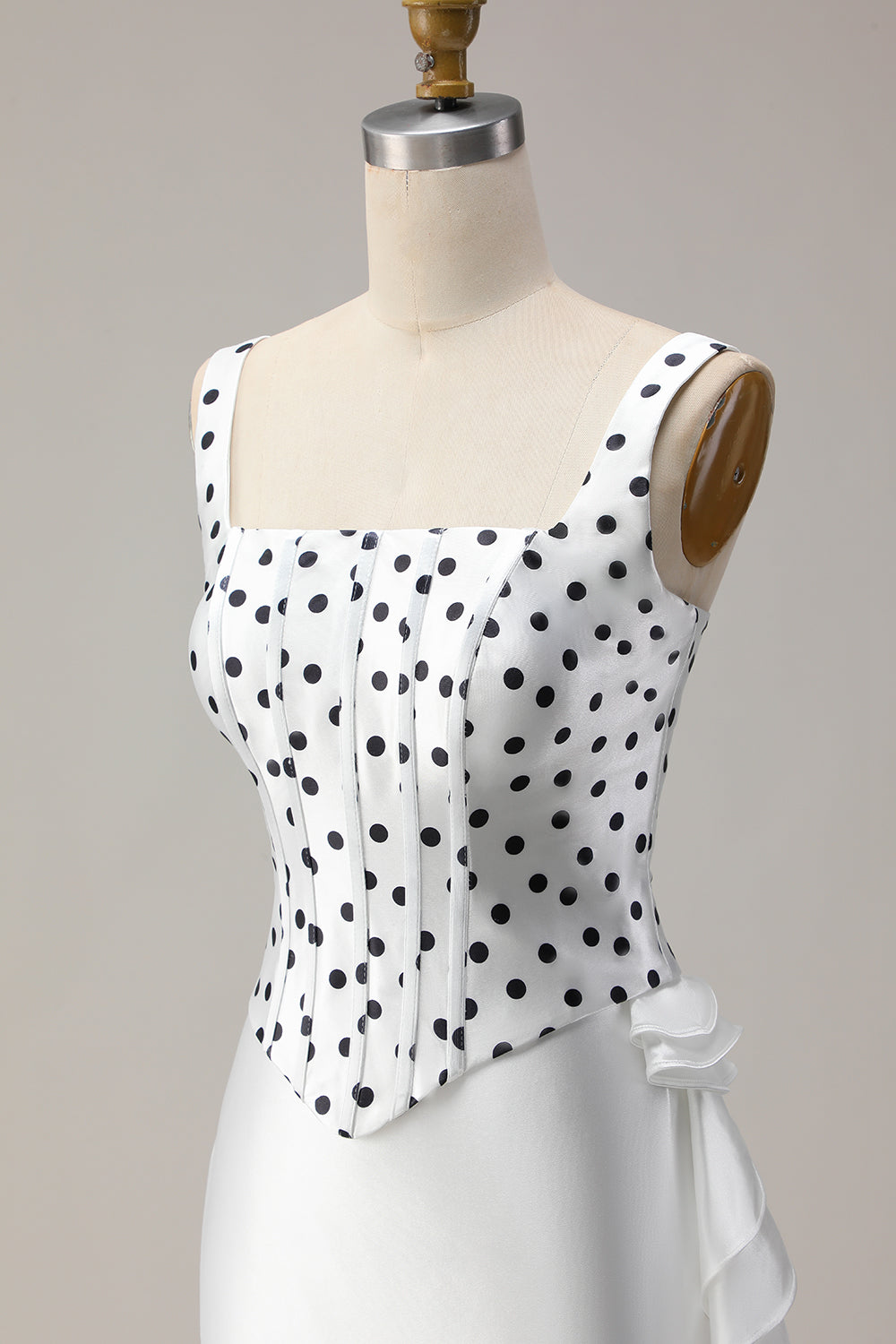 Black and White Polka Dots Mermaid Ruffled Asymmetrical Corset Prom Dress