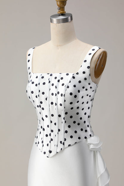 Black and White Polka Dots Mermaid Ruffled Asymmetrical Corset Prom Dress