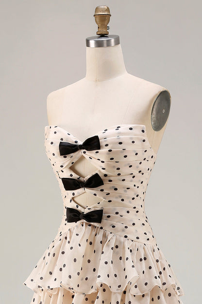 Black and Apricot Polka Dots A Line Strapless Long Corset Prom Dress with Keyhole