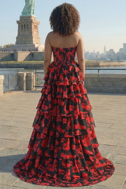 Plus Size Black and Red Floral Strapless Corset Long Prom Dress with Slit