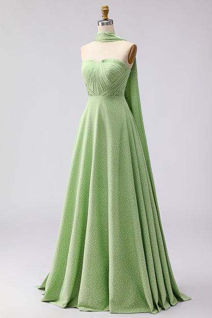 Green White Polka Dots A Line Neck Scarf Long Bridesmaid Dress