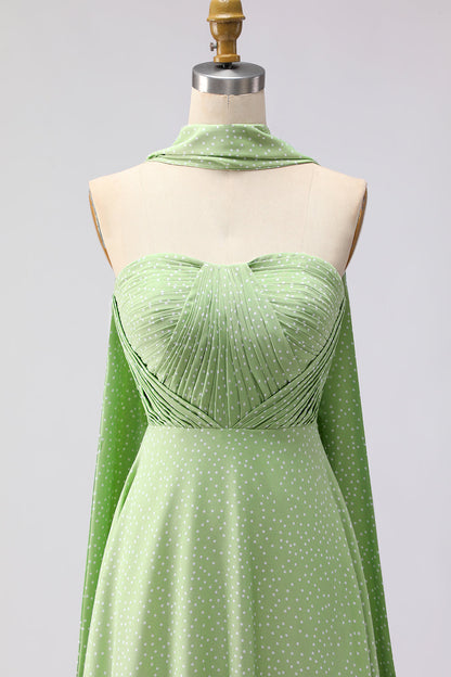 Pink White Polka Dots Neck Scarf A Line Long Bridesmaid Dress