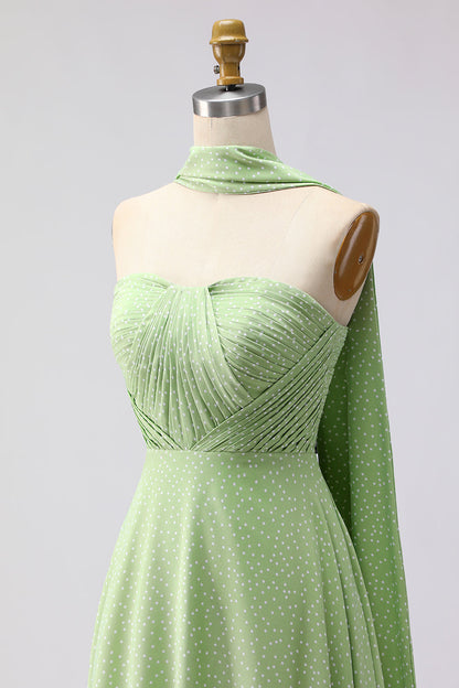 Pink White Polka Dots Neck Scarf A Line Long Bridesmaid Dress