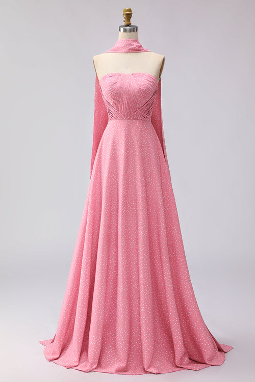 Pink White Polka Dots Neck Scarf A Line Long Bridesmaid Dress