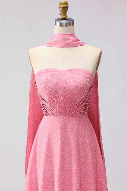 Pink White Polka Dots Neck Scarf A Line Long Bridesmaid Dress
