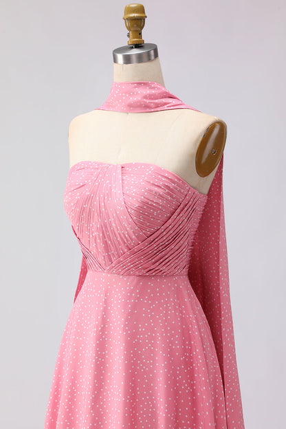 Pink White Polka Dots Neck Scarf A Line Long Bridesmaid Dress