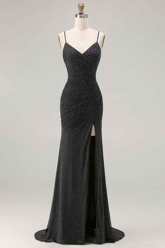 Black Polka Dots Mermaid Criss Cross Back Long Prom Dress with Slit