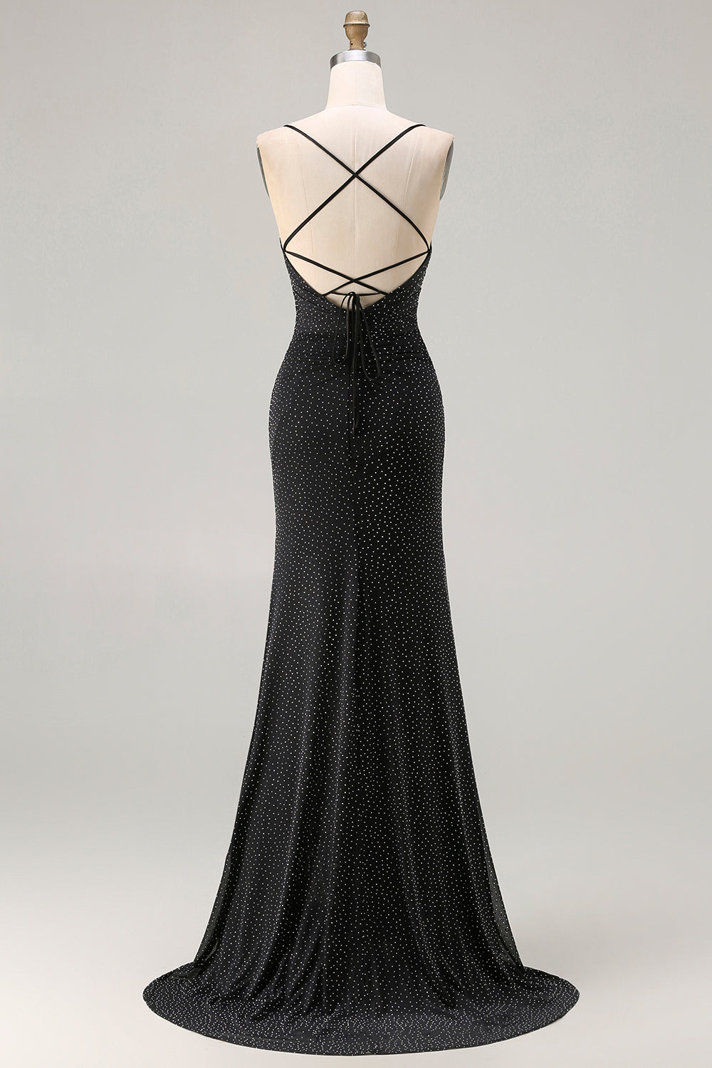 Black Polka Dots Mermaid Criss Cross Back Long Prom Dress with Slit
