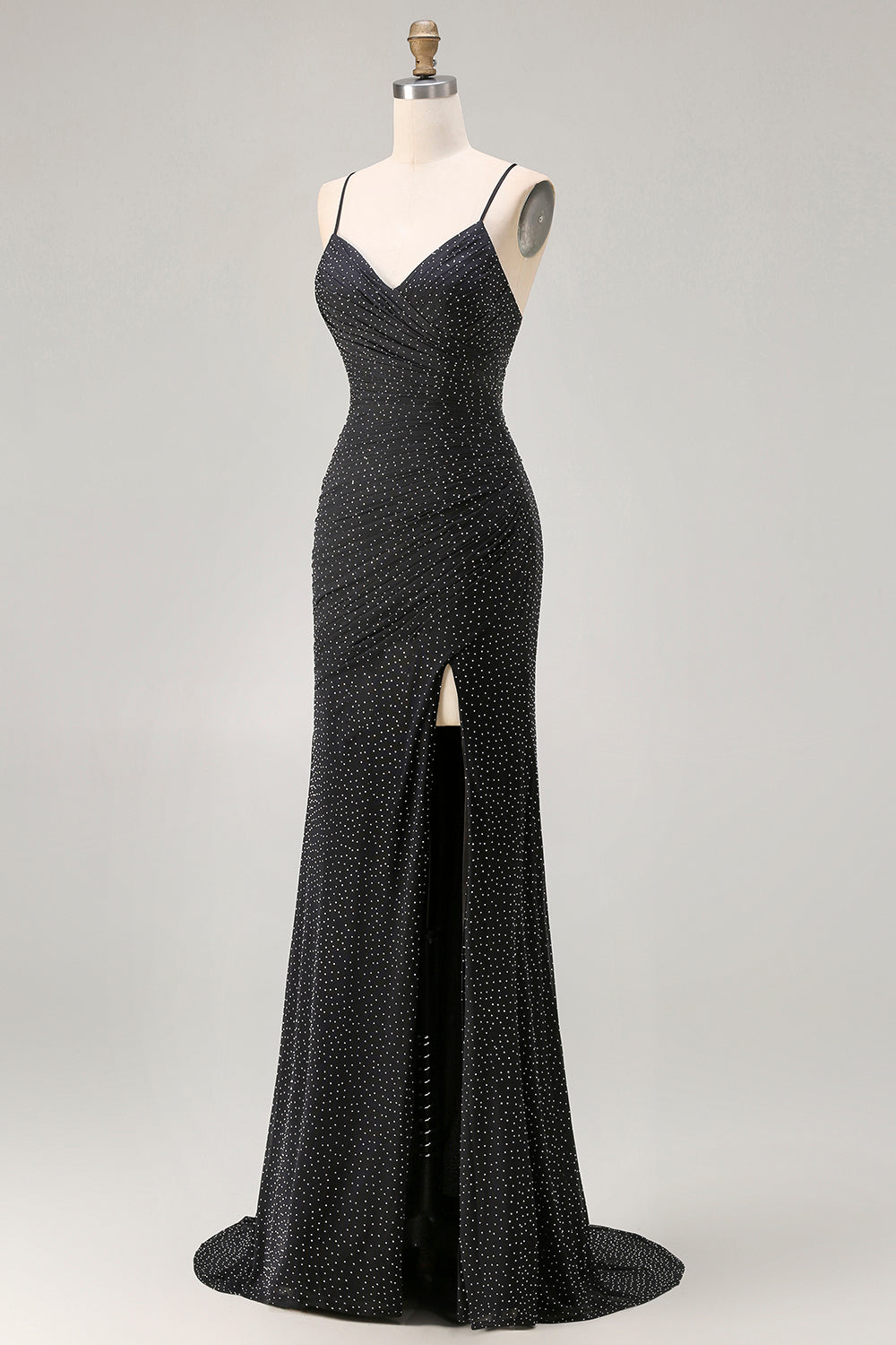 Black Polka Dots Mermaid Criss Cross Back Long Prom Dress with Slit