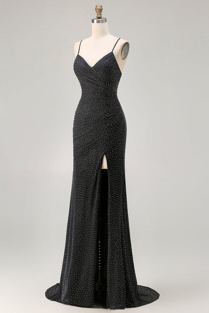 Black Polka Dots Mermaid Criss Cross Back Long Prom Dress with Slit