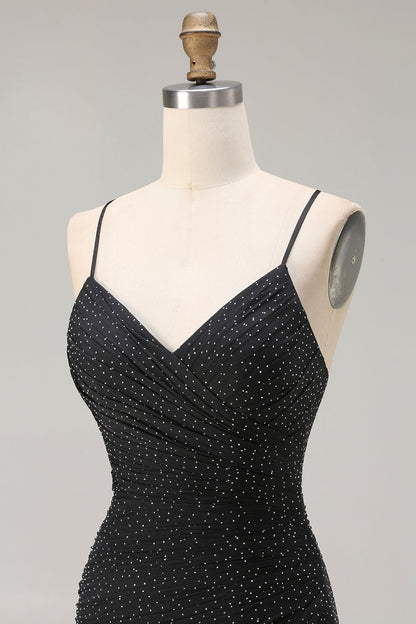 Black Polka Dots Mermaid Criss Cross Back Long Prom Dress with Slit
